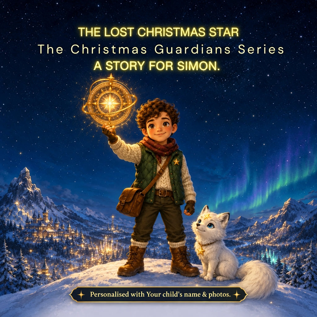 Illustrated cover art for 'The Lost Christmas Star: The Christmas Guardians Series' featuring a young boy holding a glowing golden compass in a snowy mountain landscape at night, with a white dog beside him and text at the top.