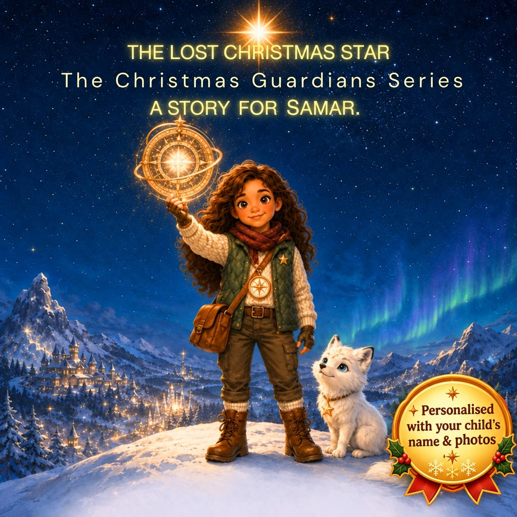 Illustrated book cover for 'The Lost Christmas Star' from 'The Christmas Guardians Series', featuring a young girl with curly hair holding a glowing star map next to a white cat on a snowy mountain peak under a starry night sky with aurora lights.