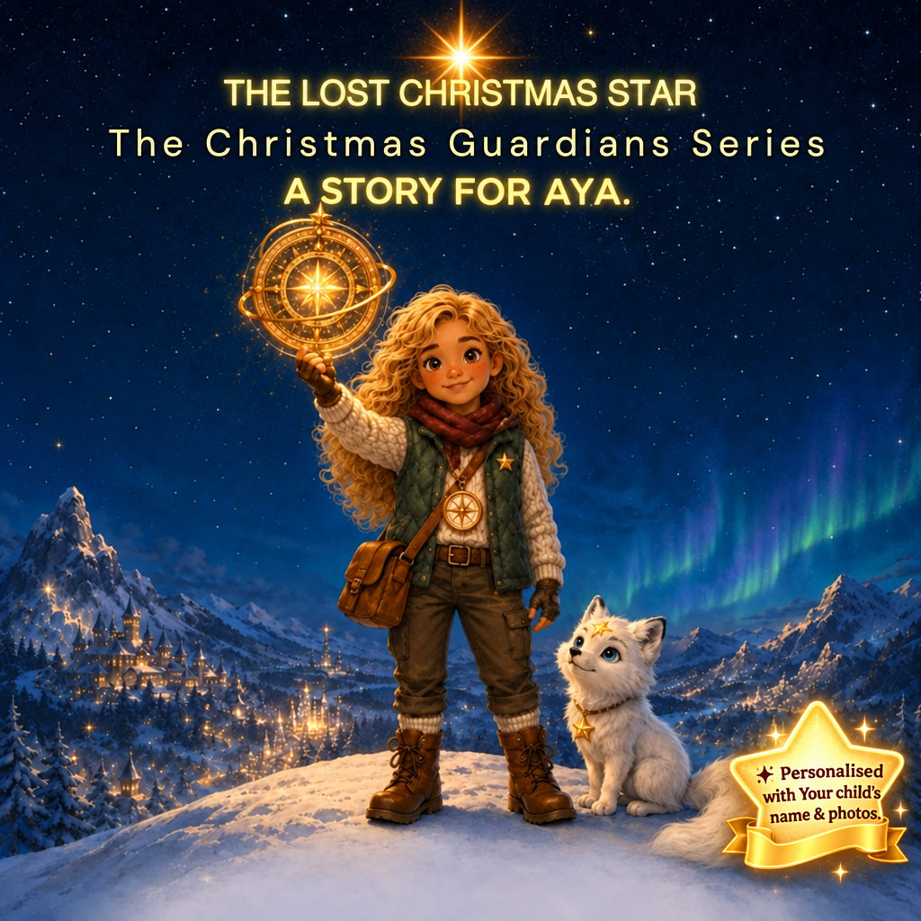 Illustrated book-cover style artwork for 'The Lost Christmas Star' from 'The Christmas Guardians Series,' showing a young girl standing in a snowy mountain village at night with a glowing star compass in one hand, a white fox beside her, and the title text at the top.