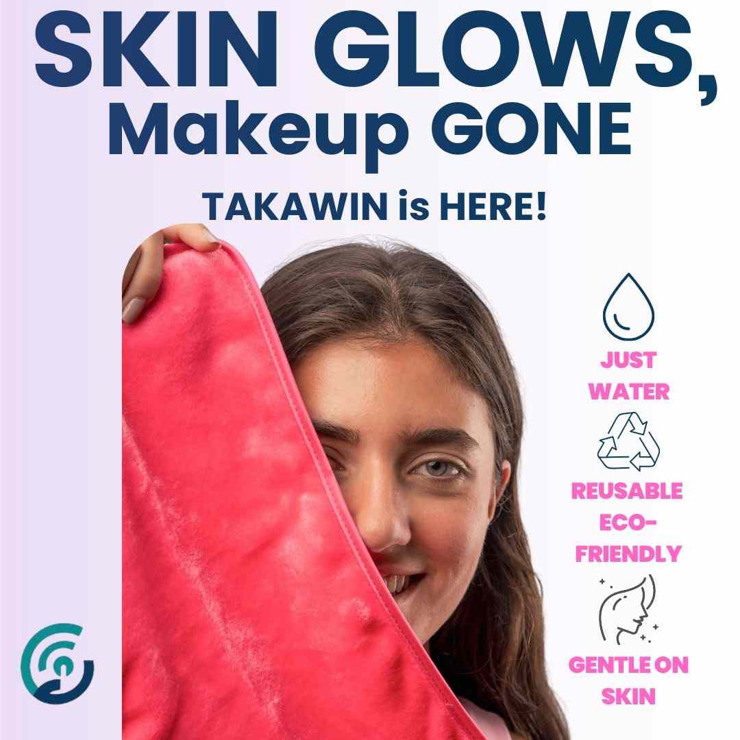 Person holding a pink towel with text about Takawin product on a light purple background