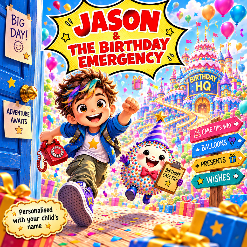 A colorful children's birthday-themed illustration showing a smiling boy in a blue jacket and green pants running through an open door, holding a red rotary phone, with a small round character beside him. The background depicts a whimsical castle and party decorations, with text reading '[Child's Name] & The Birthday Emergency' and signs pointing to cake, balloons, presents, and wishes.
