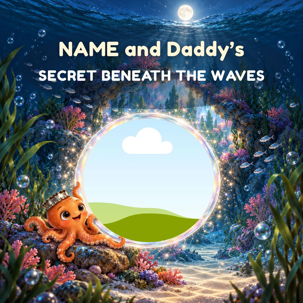 Secret Beneath the Waves cover art, Boy edition, with a father and son photo inside a glowing underwater portal