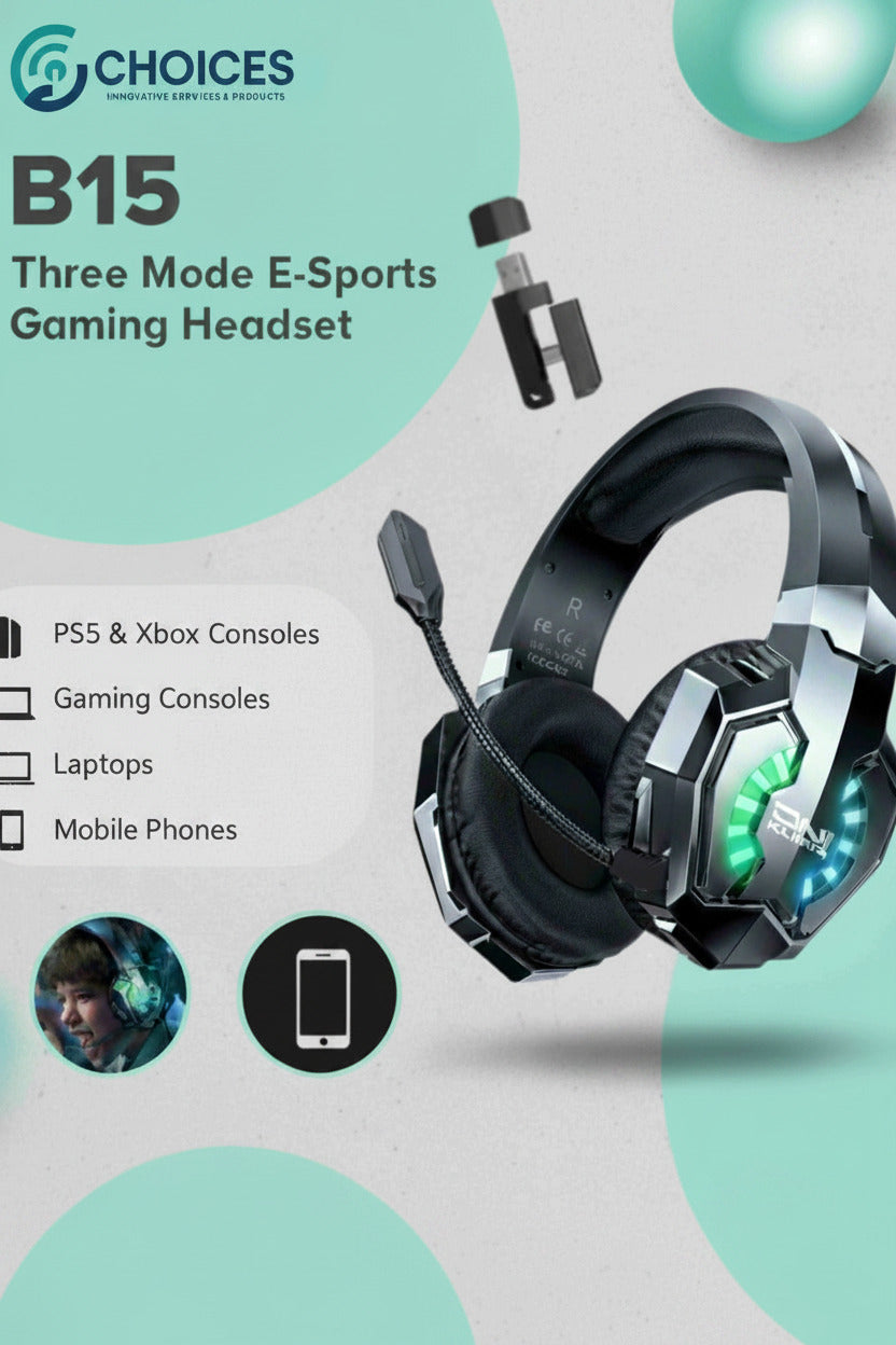Gaming headset with LED lights on a light gray background, featuring the brand 'CHOICES'.