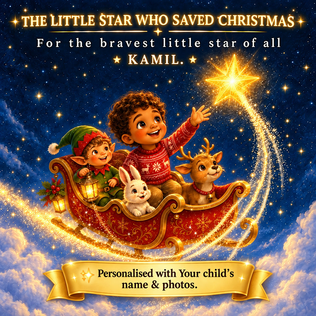 A festive illustrated scene shows a young child in a red sweater sitting in a sleigh with another child, a rabbit, and a reindeer under a glowing star, with the text 'THE LITTLE STAR WHO SAVED CHRISTMAS For the bravest little star of all [CHILD'S NAME]' above them.