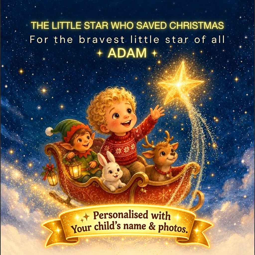 A festive Christmas illustration with the text 'THE LITTLE STAR WHO SAVED CHRISTMAS For the braves little star of all [CHILD'S NAME].' Above a sleigh carrying a young child, a elf, a white rabbit, and a reindeer against a starry night sky.