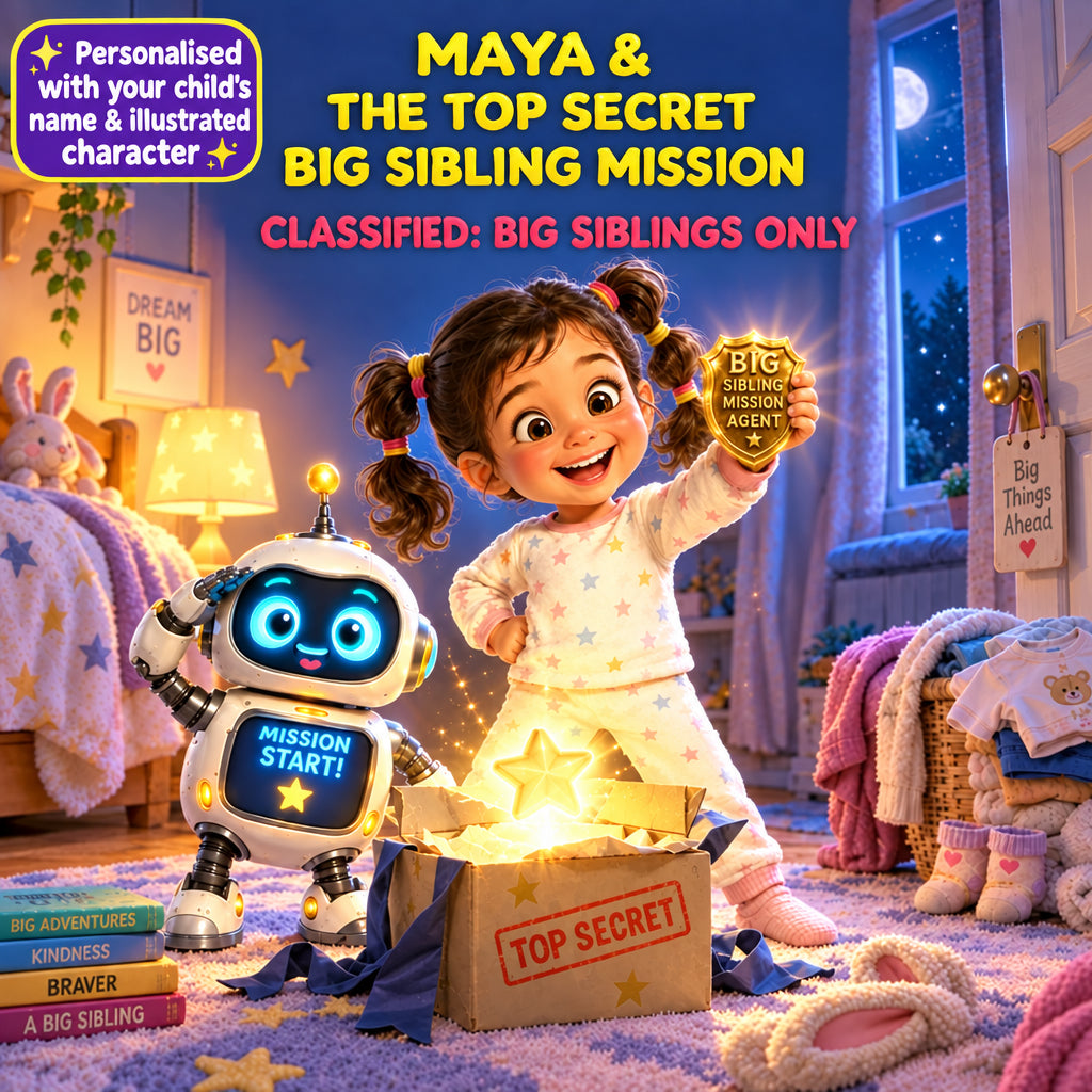 A child's bedroom scene at night with a smiling girl in pajamas holding a gold badge that reads 'Big Sibling Mission Agent.' A small robot toy stands beside an open box spilling star-shaped lights, with plush toys, bedding, and warm lamps in the background.