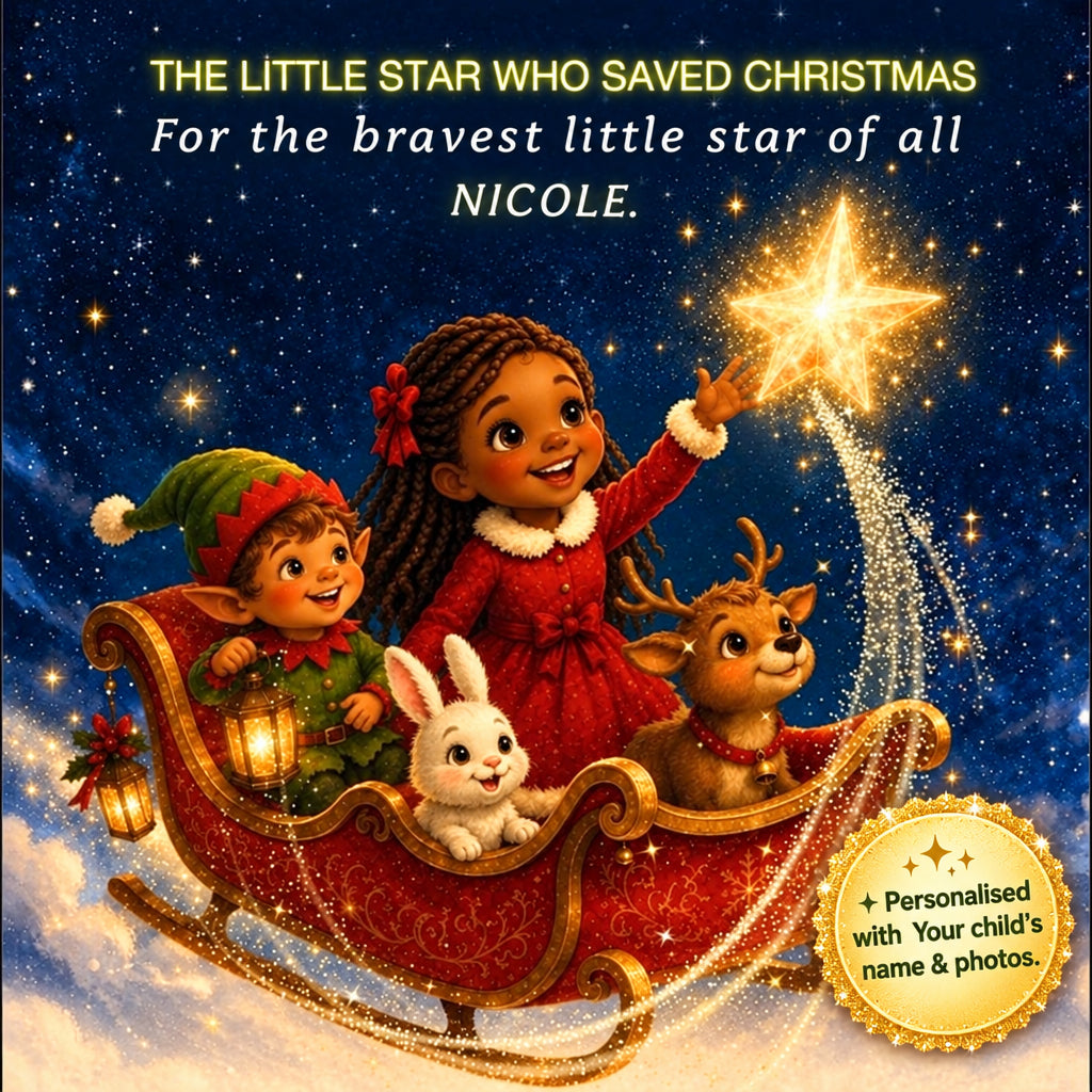 A festive Christmas illustration shows a young girl in a red dress and an elf, a white rabbit, and a reindeer riding in a red sleigh under a starry night sky. The girl reaches toward a glowing gold star that leaves a sparkling trail.