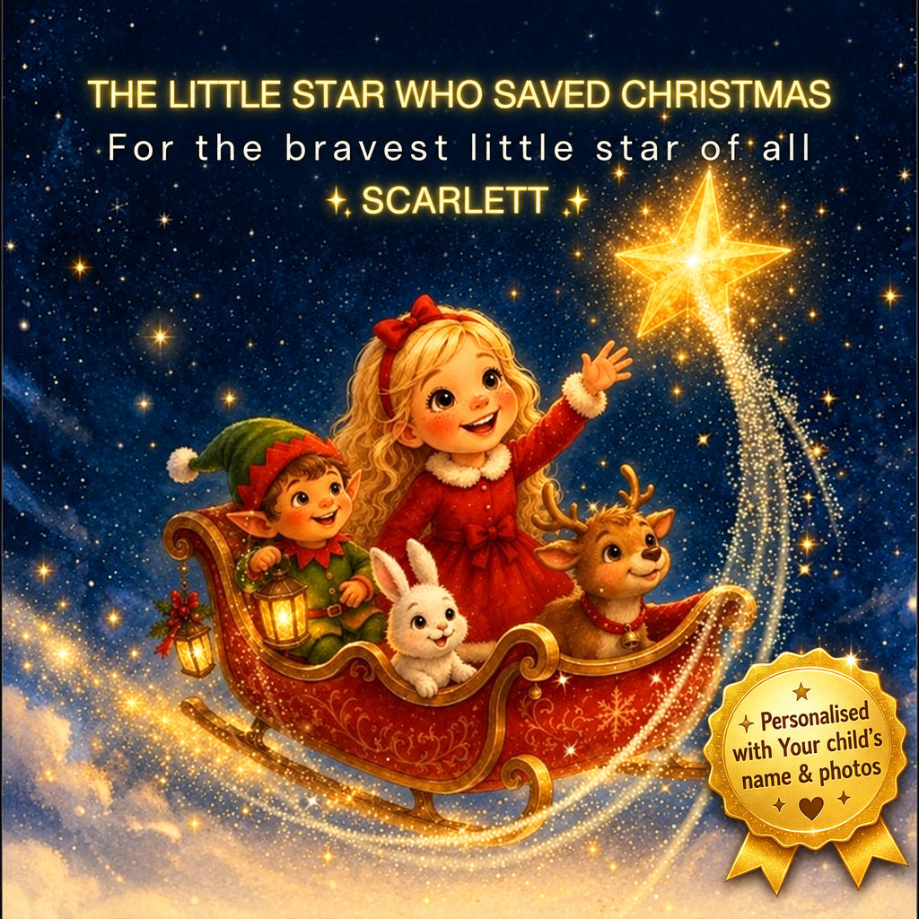 A festive illustrated scene shows a young girl in a red dress, a boy elf, a white rabbit, and a reindeer sitting in a red sleigh under a starry night sky. Text at the top reads, 'THE LITTLE STAR WHO SAVED CHRISTMAS For the bravest little star of all [CHILD'S NAME]:' The image appears to be a decorative holiday graphic or print design rather than a straightforward product photo.