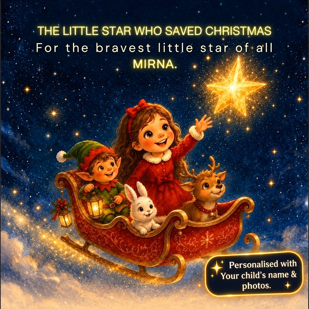 A festive Christmas illustration shows a young girl in a red dress and a boy in an elf hat sitting in a sleigh with a white rabbit and a deer, flying through a starry night sky. Large text at the top reads, 'THE LITTLE STAR WHO SAVED CHRISTMAS For the braves little star of all [CHILD'S NAME].