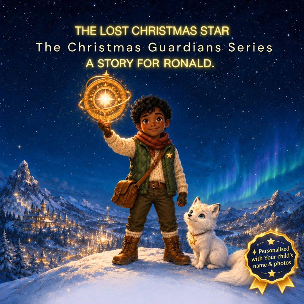 Illustrated cover art for 'The Lost Christmas Star' from 'The Christmas Guardians Series', featuring a young boy holding a glowing golden star compass and a white cat in a snowy mountain village under a starry night sky with aurora lights.