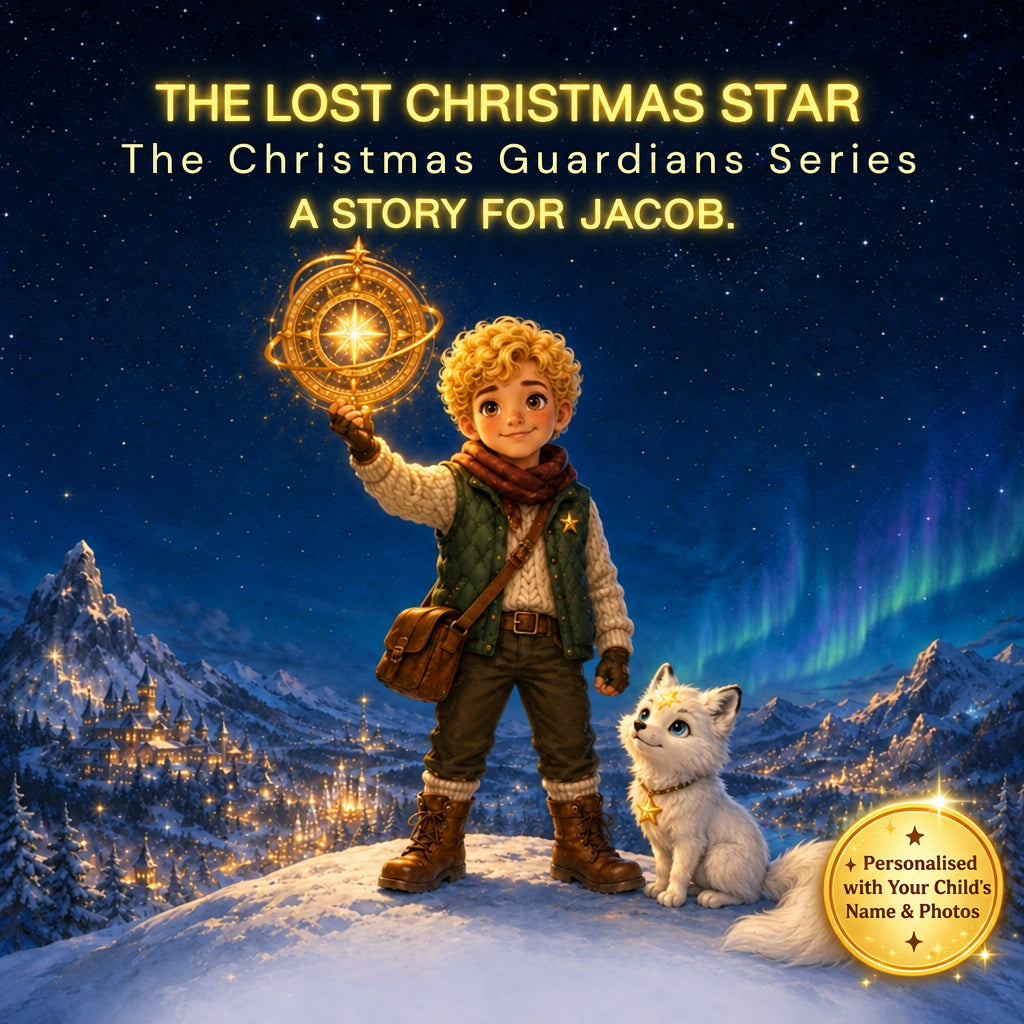 Illustrated cover art for 'The Lost Christmas Star' from 'The Christmas Guardians Series', featuring a young boy with curly blonde hair holding a glowing golden star compass, standing on a snowy mountain ridge next to a white dog under a starry night sky with aurora lights.