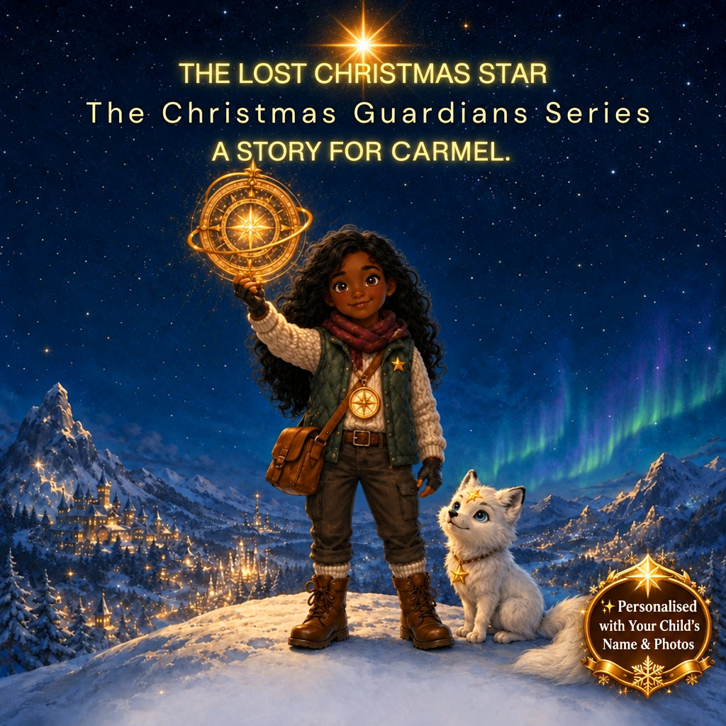 Illustrated cover art for 'The Lost Christmas Star' from 'The Christmas Guardians Series', featuring a young girl with dark curly hair holding a glowing golden star compass, standing on a snowy mountain with a white dog beside her under a starry night sky with aurora lights.